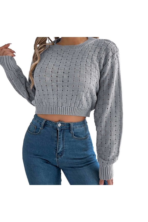 Womens Sweater Cropped Top Knitted Hollow Out Long Sleeve Pullover Crop Sweater Autumn Winter Trendy Jumper Tops