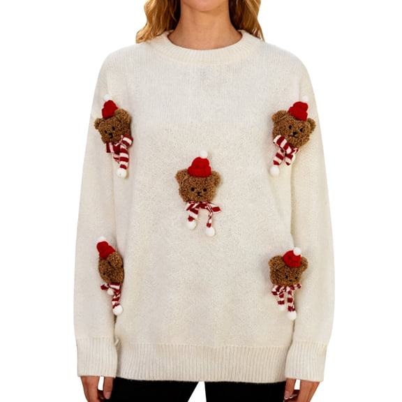 DHFJKG Womens Sweaters With Adorable 3D Cartoon Design Cozy Knitted Top Casual Spring Fall Outfits Loose Fit Long Sleeve Warm Knit Pullover Trendy Tops