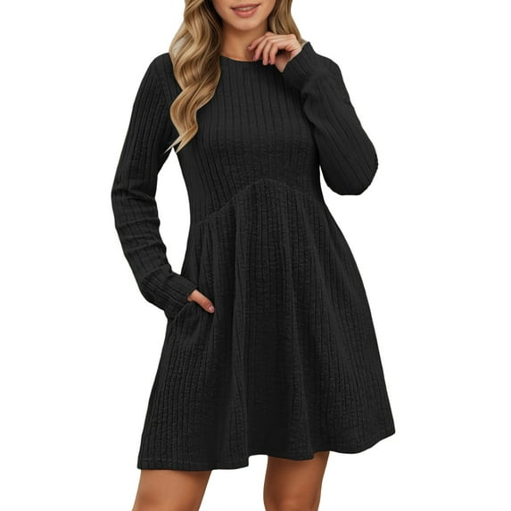 DHFJKG Womens Sweaters Dress Bohemian Knit Ribbrd Solid Color Long Sleeve Round Neck Mini Dress With Pockets Versatile Dresses