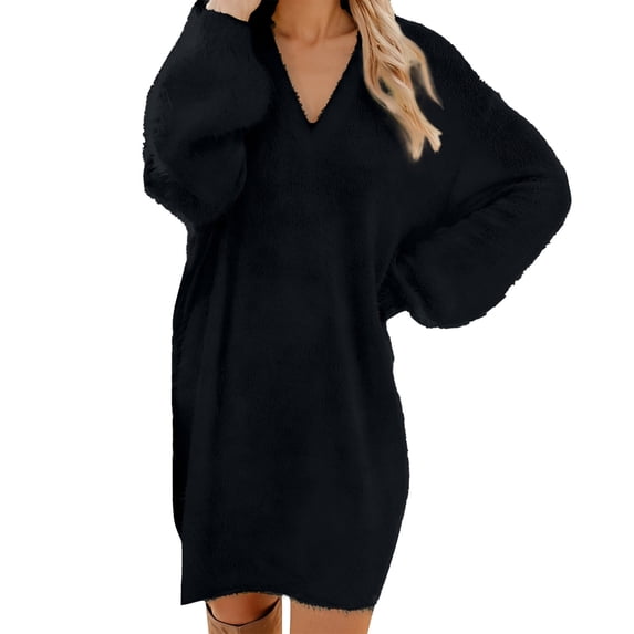 DHFJKG Womens Sweaters Dress Fluffy Deep V Neck Neck Lantern Sleeve Loose Fit Mini Sweater Dress Casual Office Solid Color Cozy Dresses