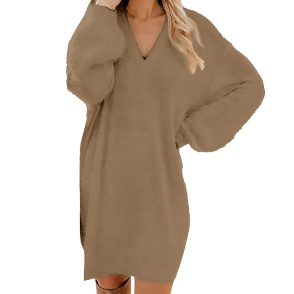 DHFJKG Womens Sweaters Dress Fluffy Deep V Neck Neck Lantern Sleeve Loose Fit Mini Sweater Dress Casual Office Solid Color Cozy Dresses