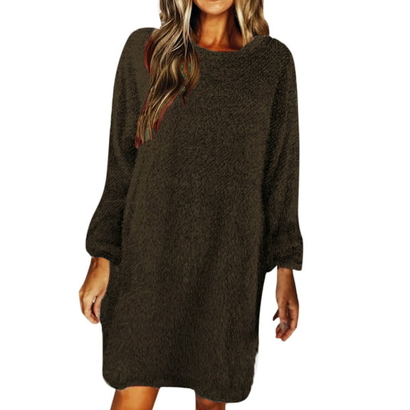 DHFJKG Womens Sweaters Dress Fluffy Long Sleeve Crew Neck Loose Fit Sweater Mini Dress Pullover Winter Versatile Dresses
