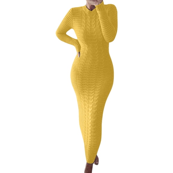 DHFJKG Womens Sweaters Dress Knit Jacquard Solid Color Long Sleeve Crewneck Slim Fit Bodycon Maxi Dress Winter Ankle-Length Soft Dresses