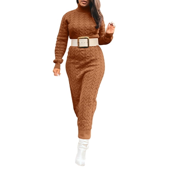 DHFJKG Womens Sweaters Dress Knit Jacquard Turtleneck Long Sleeve Solid Color Slim Fit Maxi Dress (Without Belt) Soft Dresses