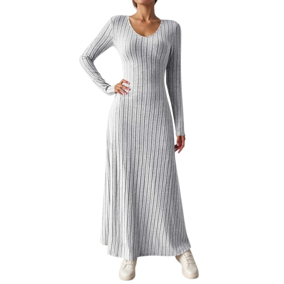 DHFJKG Womens Sweaters Dress Knit Ribbed V Neck Long Sleeve Slim Fit Maxi Dress Winter Pullover Tunic Ankle-Length Comfort Dresses