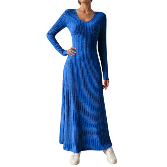 DHFJKG Womens Sweaters Dress Knit Ribbed V Neck Long Sleeve Slim Fit Maxi Dress Winter Pullover Tunic Ankle-Length Soft Dresses