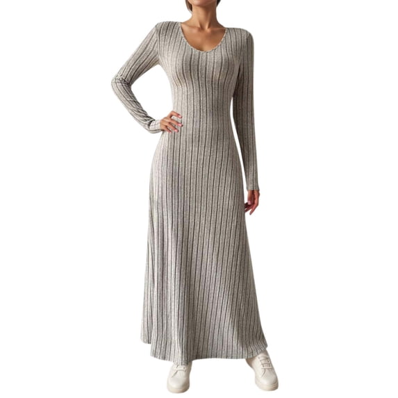 DHFJKG Womens Sweaters Dress Knit Ribbed V Neck Long Sleeve Slim Fit Maxi Dress Winter Pullover Tunic Ankle-Length Versatile Dresses