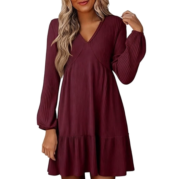 DHFJKG Womens Sweaters Dress Knit Ribbrd Solid Color Long Sleeve Deep V Neck Loose Fit Mini Dress Classic Dresses