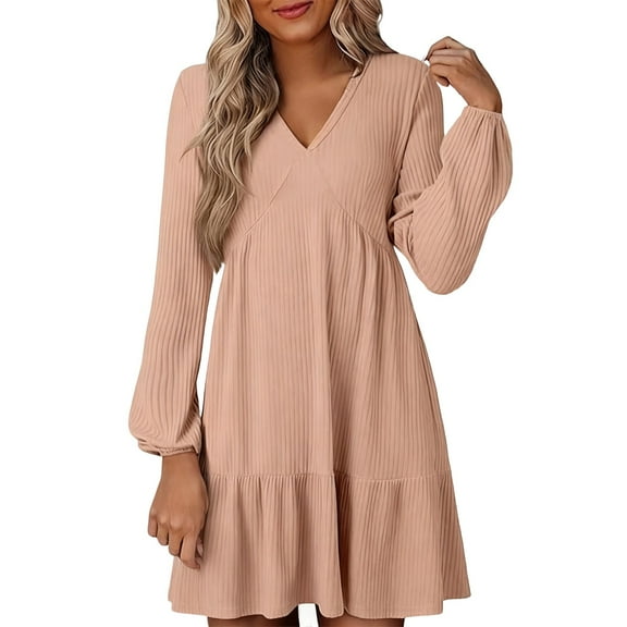 DHFJKG Womens Sweaters Dress Knit Ribbrd Solid Color Long Sleeve Deep V Neck Loose Fit Mini Dress Cozy Dresses