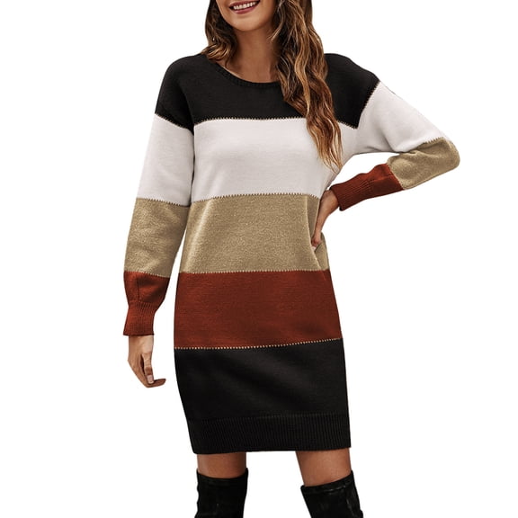 DHFJKG Womens Sweaters Dress Knitted Striped Color Block Long Sleeve Crew Neck Loose Fit Mini Dress Pullover Winter Classic Dresses