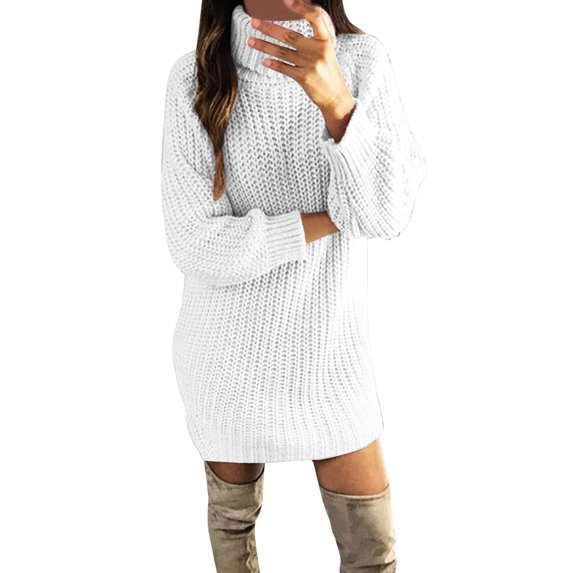 DHFJKG Womens Sweaters Dress Knitted Turtleneck Long Sleeve Solid Color Loose Fit Mini Dress Winter Pullover Sweaters Soft Dresses