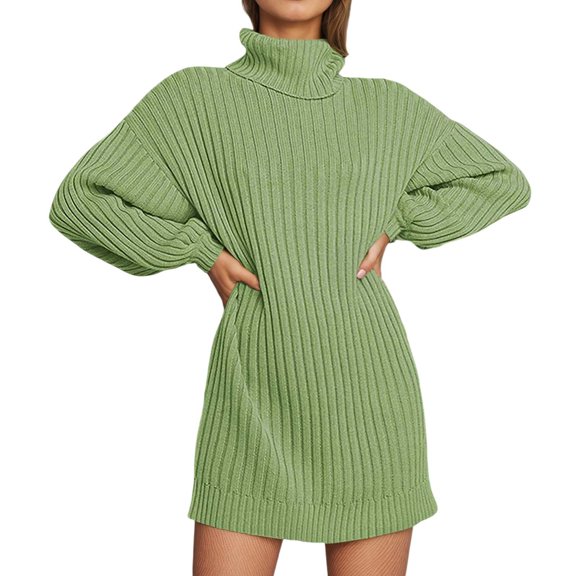 DHFJKG Womens Sweaters Dress Plus Size Knit Ribbed Mini Dress Long Sleeve High Neck Loose Fit Solid Color Tunic Top Winter Pullover Classic Dresses