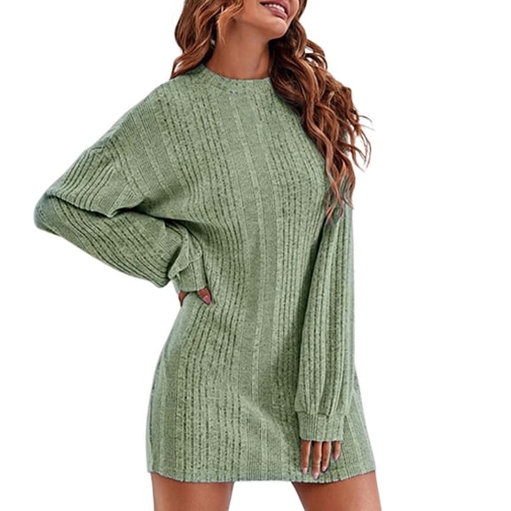 DHFJKG Womens Sweaters Dress Solid Color Round Neck Long Sleeve Loose Fit Mini Dress Casual Soft Dresses