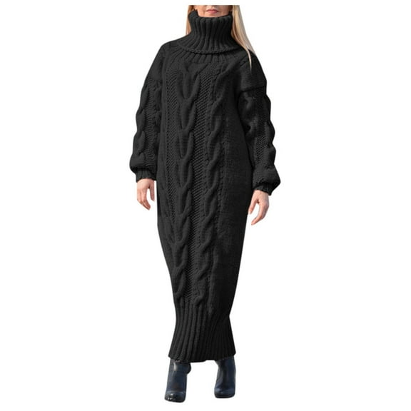 DHFJKG Womens Sweaters Dress Turtleneck Knitted Jacquard Sweater Solid Color Loose Fit Maxi Dress Winter Long Sleeve Ankle-Length Cozy Dresses