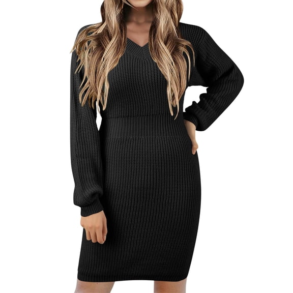 DHFJKG Womens Sweaters Dress V Neck Long Sleeve Knitted Strechy Slim Fit Mini Sweater Dress Winter Comfort Dresses