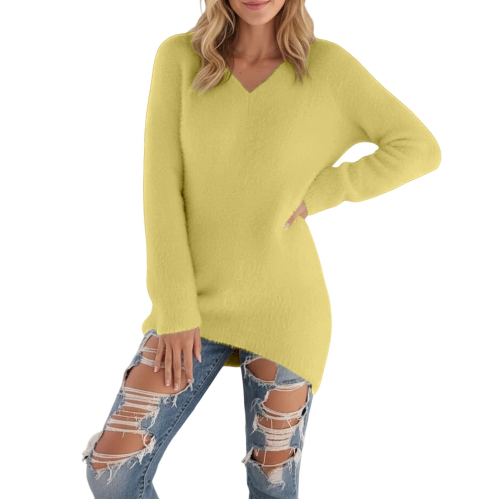 Sweaters Second Base DHFJKG Womens Sweaters Fluffly Base Layer V Neck Solid Color Loose Fit ...