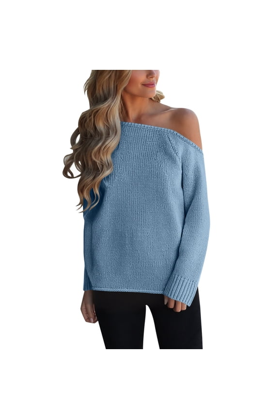 Womens Sweaters Off Shoulder Loose Fit Long Sleeve Solid Color Knitted Top For Fall Winter Fashion Stylish Soft Jumper Tops
