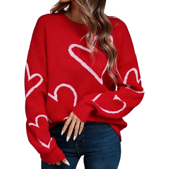 DHFJKG Womens Sweaters Oversized Knitted Pullover Heart Print Top Casual Long Sleeve Crewneck Spring Fall Outfits Stylish Tops