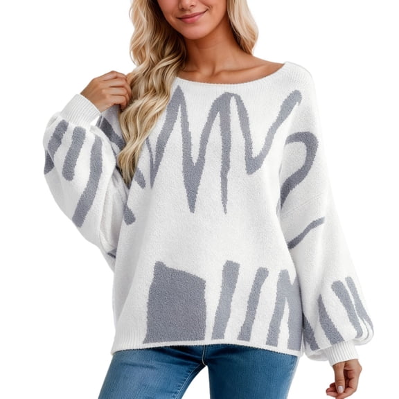 DHFJKG Womens Sweaters Oversized Scoop Neck Lattern Sleeve Knit Pullover Sweater With Row Edge Fall Winter Casual Jumper Tops