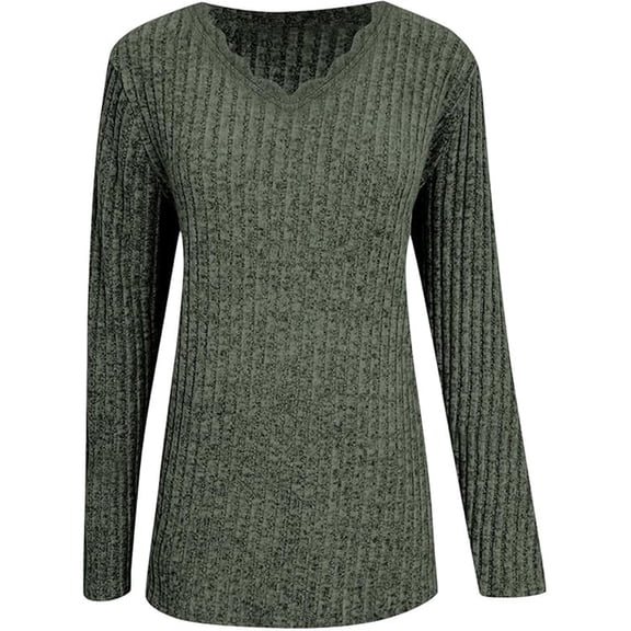 DHFJKG Womens Sweaters Ribbed Long Sleeve Lace Trim V Neck Casual Pullover Slim Fit Basic Tee Solid Color Bottoming Shirt Cozy Tops