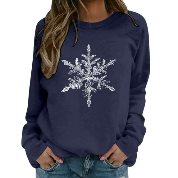 DHFJKG Womens Sweatshirt Casual Snowflake Print Long Sleeve Crewneck Pullover Athletic New Year Holiday Festive Soft Tops