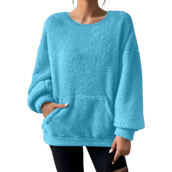 DHFJKG Womens Sweatshirt Fuzzy Solid Color Long Sleeve Casual Tunic Top Crewneck Pullover With Front Pocket Fluffly Shaggy Soft Tops