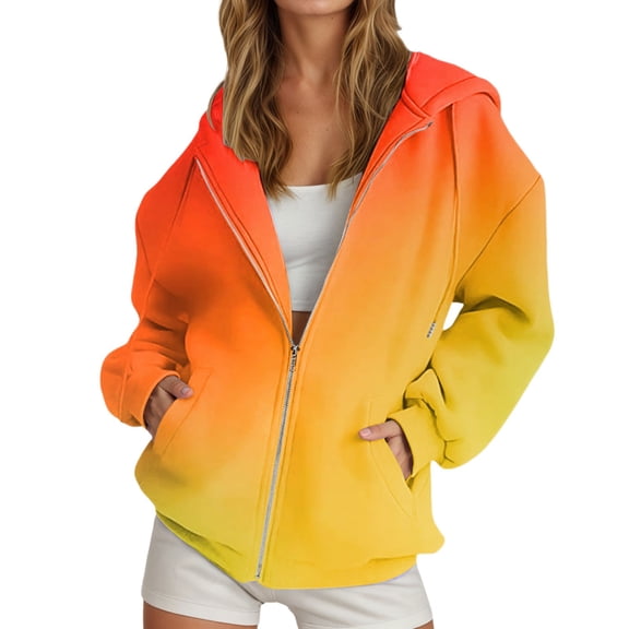 DHFJKG Womens Sweatshirt Gradient Long Sleeve Pockets Loose Fit Hooded Drawstring Zipper Jacket Sweatshirt Fall Winter Outwear Trendy Outerwear
