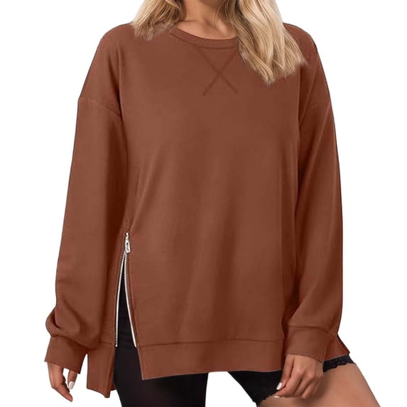 DHFJKG Womens Sweatshirt Long Sleeve T-Shirts Solid Color Round Neck Pullover Side Zipper Casual Loose Fit Long Sleeve Cozy Tops