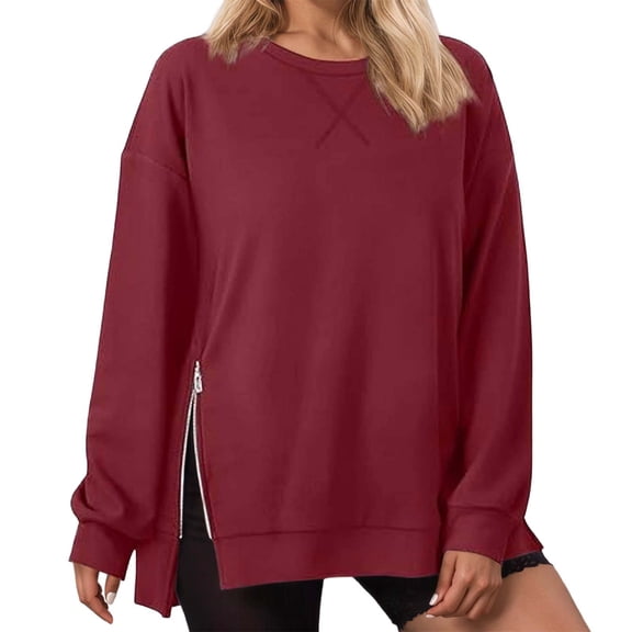 DHFJKG Womens Sweatshirt Long Sleeve T-Shirts Solid Color Round Neck Pullover Side Zipper Casual Loose Fit Long Sleeve Versatile Tops