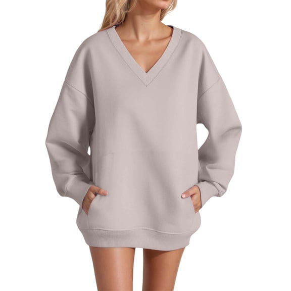 DHFJKG Womens Sweatshirt Oversized V Neck Long Sleeve Plain Sweatshirt Drop Shoulder Loose Fit Casual Pullover With Pocket Cozy Tops