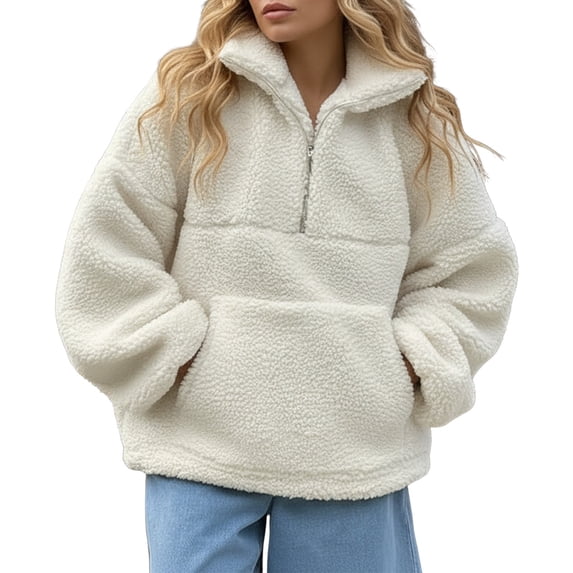 DHFJKG Womens Sweatshirt Quarter Zip Fuzzy Stand Collar Long Sleeve Loose Fit Pocket Casual Pullover Fluffly Shaggy Winter Cozy Tops