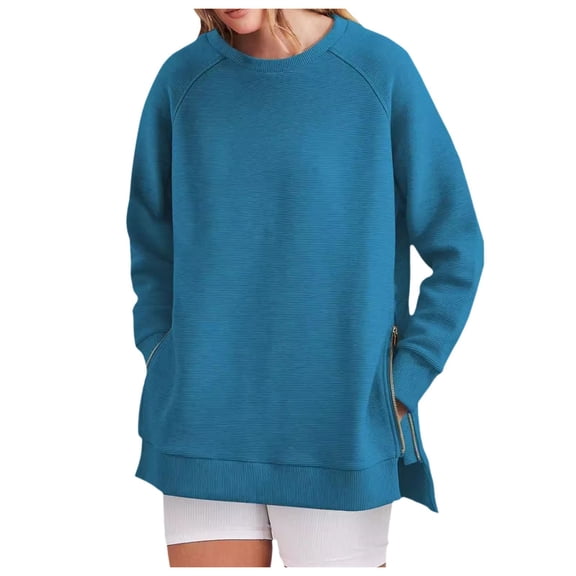 DHFJKG Womens Sweatshirt Round Neck Pullover Casual Long Sleeve Sweatshirt With Side Zipper Loose Fit Crewneck Solid Color Top Trendy Tops