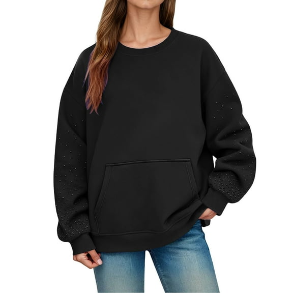 DHFJKG Womens Sweatshirt Solid Color Casual Pullover Bling Rhinestone Crewneck Long Sleeve Top Fall Winter Stylish Tops