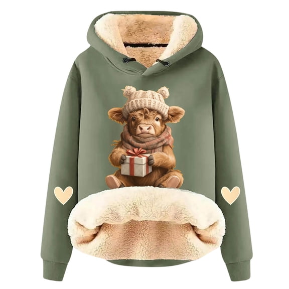 DHFJKG Womens Sweatshirt Thick Fuzzy Lining Cow Print Long Sleeve Hooded Pullover Warm Winter Insulated Sweatshirt With Cute Animal Graphic For Outdoor Daily Wear Stylish Tops