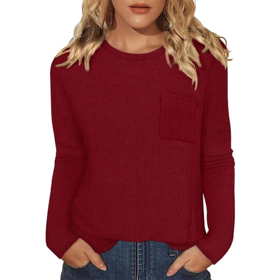DHFJKG Womens Sweatshirt Waffle Long Sleeve Crewneck Loose Fit Solid Color Tunic Top Pullover Everyday Wear Classic Tops