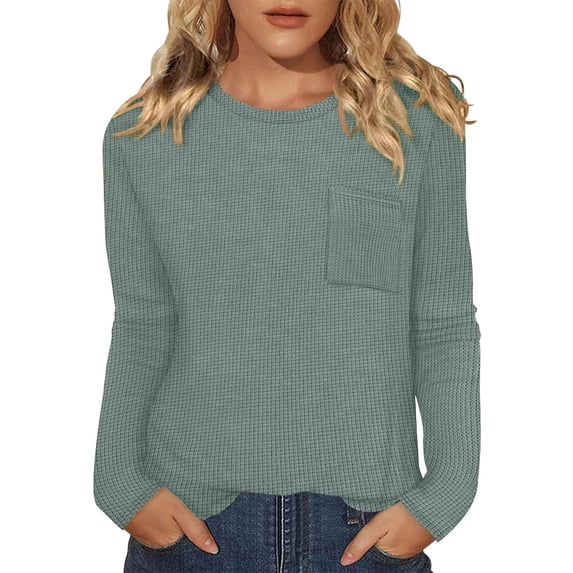 DHFJKG Womens Sweatshirt Waffle Long Sleeve Crewneck Loose Fit Solid Color Tunic Top Pullover Everyday Wear Trendy Tops
