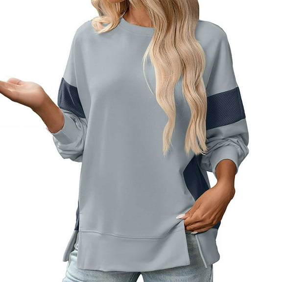 DHFJKG Womens Sweatshirts Color Block Round Neck Casual Loose Fit Long Sleeve Fashion Hem Split Pullover Plus Size Graphic Sweatshirt For Women