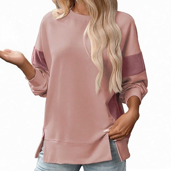 DHFJKG Womens Sweatshirts Color Block Round Neck Casual Loose Fit Long Sleeve Fashion Hem Split Pullover Plus Size Graphic Sweatshirt For Women