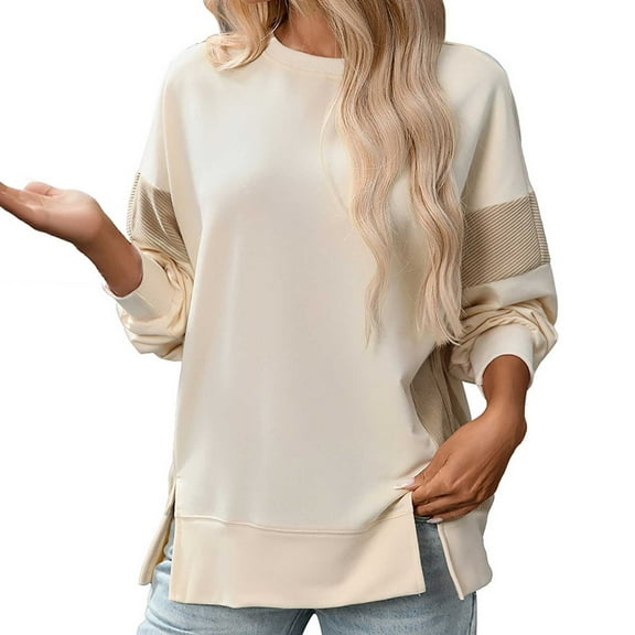DHFJKG Womens Sweatshirts Color Block Round Neck Casual Loose Fit Long Sleeve Fashion Hem Split Pullover Plus Size Graphic Sweatshirt For Women