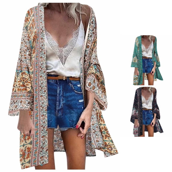 DHFJKG Womens Swim Cover Up Bohemian Cardigan Floral Printed Long Sleeve Loose Fit Open Front Tunic Summer Beach Coverup