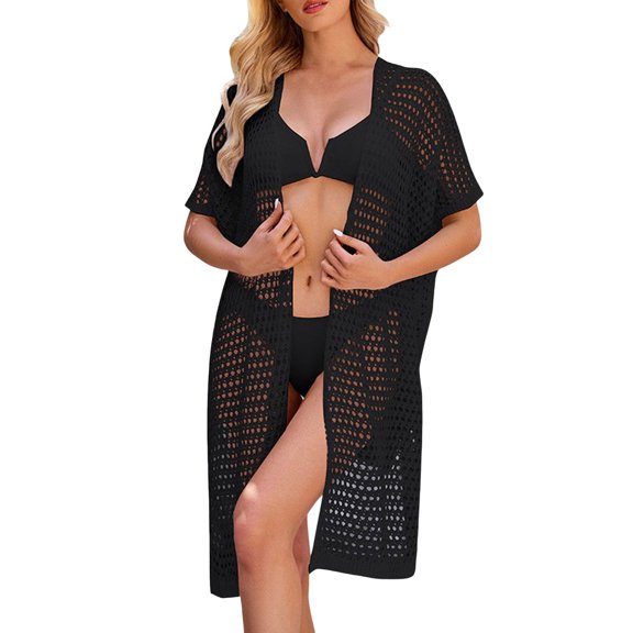 DHFJKG Womens Swim Coverups Crochet Cardigan Short Sleeve Mid Length Tie Waist See Through Cover Up Stylish Beachwear