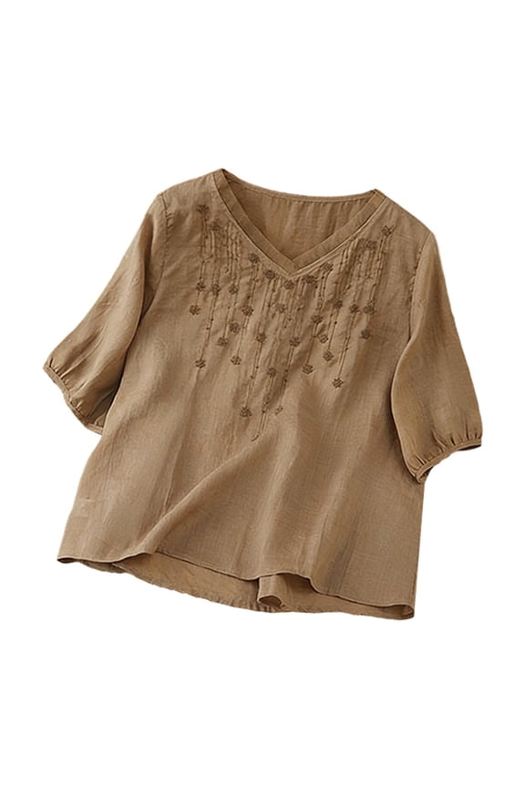 Womens T Shirt Boho Solid Color V Neck Loose Fit Casual Blouse Half Sleeve Beach Breathable Linen Comfy Tops
