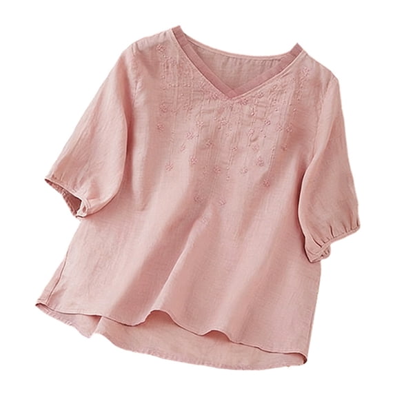 DHFJKG Womens T Shirt Boho Solid Color V Neck Loose Fit Casual Blouse Half Sleeve Beach Breathable Linen Cozy Tops
