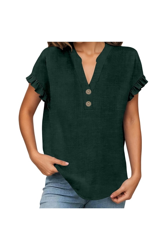DHFJKG Womens T Shirt Short Sleeve Linen Summer Top Notch V Neck Curved Hem Tee Beach Vacation Clothes Ruffle Trim Trendy Tops