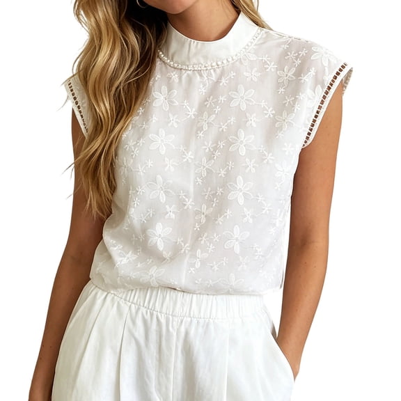 DHFJKG Womens Tank Tops Floral Embroidery High Neck Sleeveless Loose Fit Summer Basic Tunic Beach Vacation Clothes Versatile Top