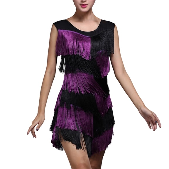 DHFJKG Womens Tassel Dresses Sleeveless Color Block Latin Dance Mini Dress For Carnival Dancewear Clubwear Trendy Dresses