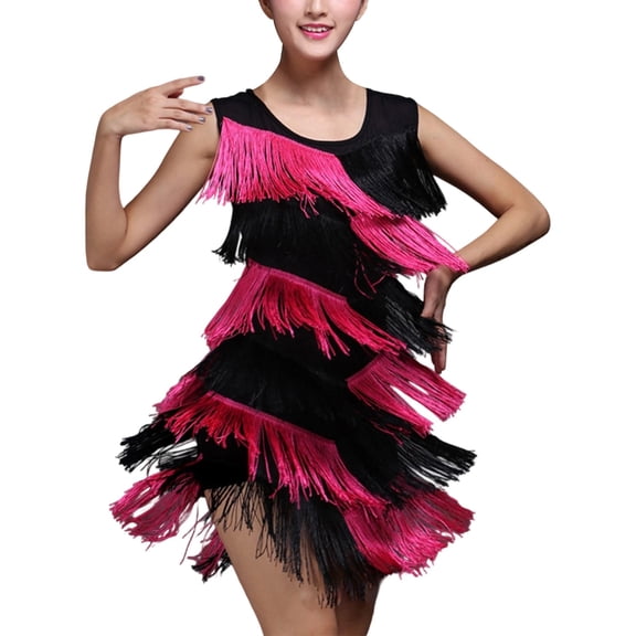 DHFJKG Womens Tassel Dresses Sleeveless Color Block Latin Dance Mini Dress For Carnival Dancewear Clubwear Versatile Dresses