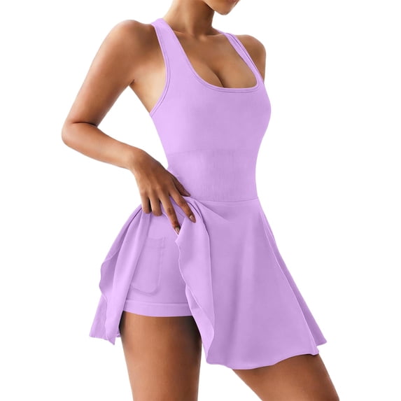 DHFJKG Womens Tennis Dresses Built In Shorts With Side Pockets Sleeveless Fitness Workout Tank Dress Yoga Square Neck Versatile Dresses