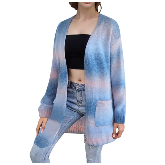 DHFJKG Womens Tie Dye Knit Cardigans Sweater Colorful Gradient Mediun Length Long Sleeve Loose Fit Drop Shoulder Open Front Knitwear Coat Lightweight Soft Outerwear