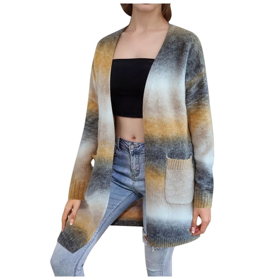 DHFJKG Womens Tie Dye Knit Cardigans Sweater Colorful Gradient Mediun Length Long Sleeve Loose Fit Drop Shoulder Open Front Knitwear Coat Lightweight Leisure Outerwear